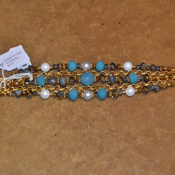RARE VINTAGE JOSE & MARIA BARRERA TURQUOISE CRYSTAL PEARL GOLD STRAND BRACELET - Picture 5 of 11